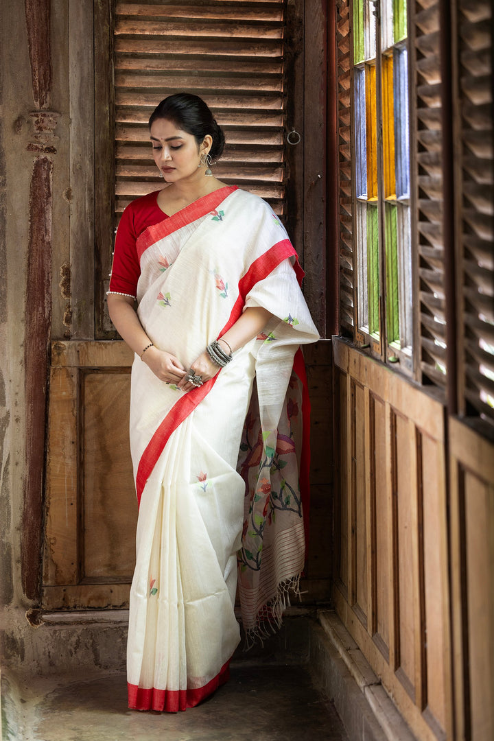 Lal Sada Mayur Matka Jamdani Saree
