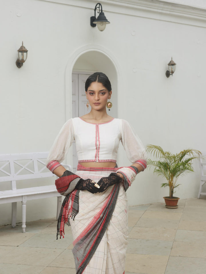 Globe Matinee Balloon Sleeve White Cotton Jamdani Blouse
