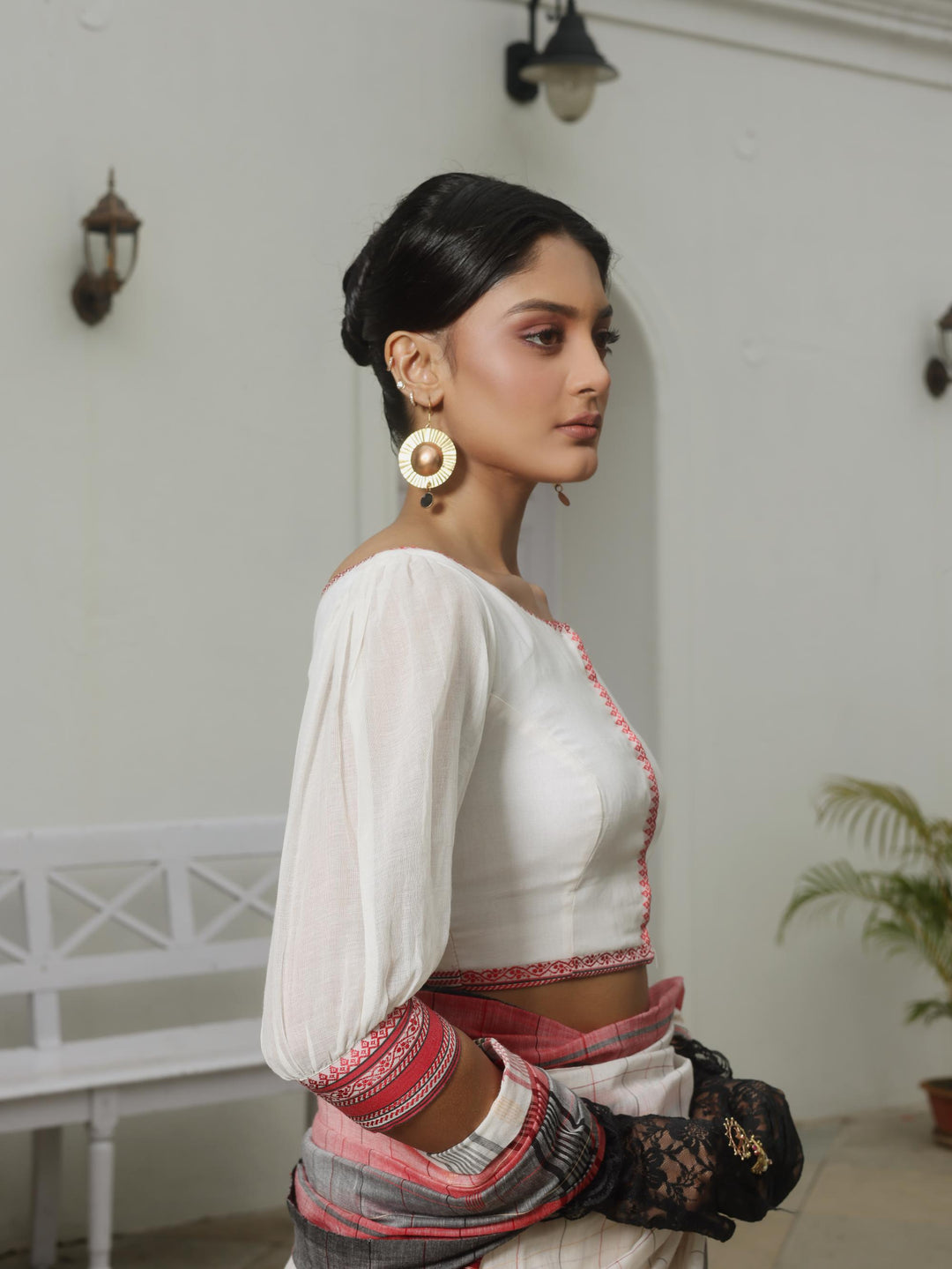 Globe Matinee Balloon Sleeve White Cotton Jamdani Blouse