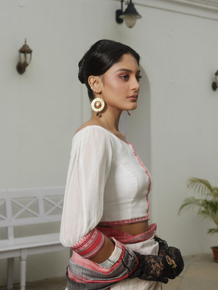 Globe Matinee Balloon Sleeve White Cotton Jamdani Blouse