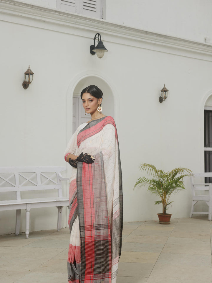 Chowringhee Check Lal Sada Cotton Jamdani Saree