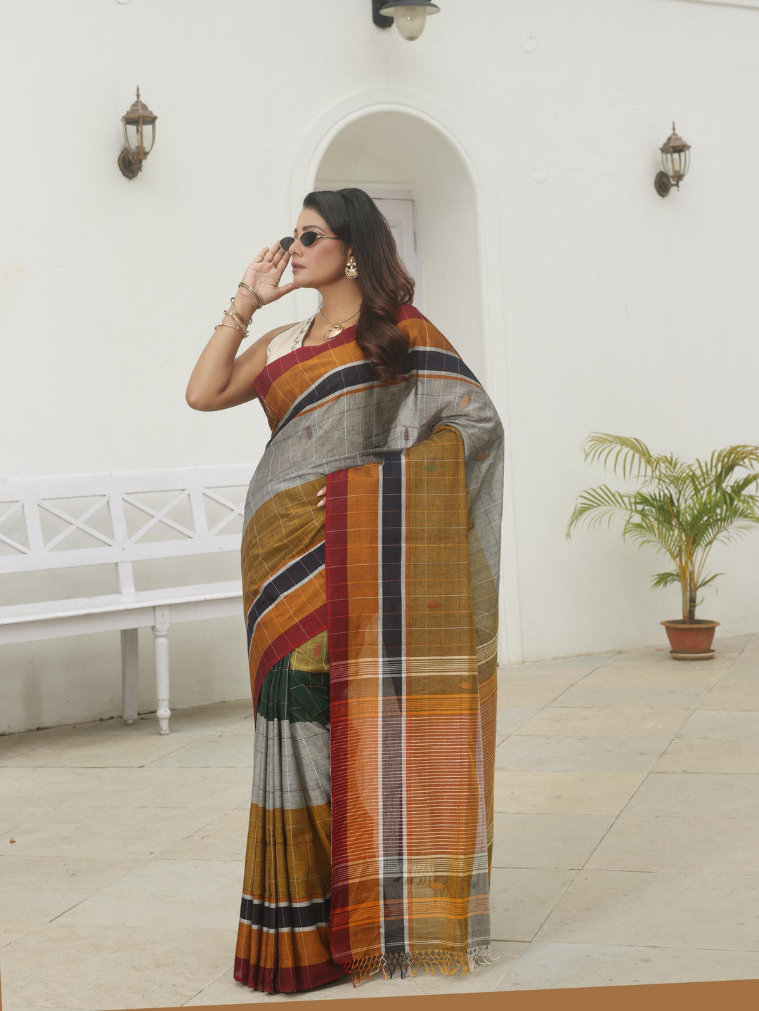 Earl Grey Check Cotton Jamdani Saree
