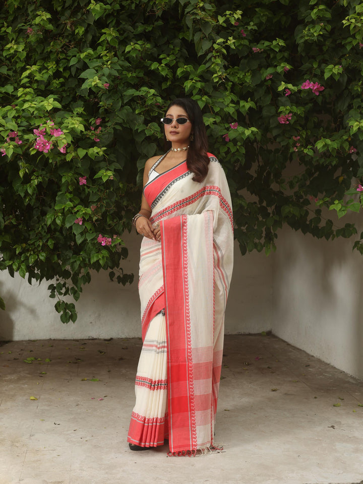 Vintage Rouge Lal Sada Cotton Jamdani Saree