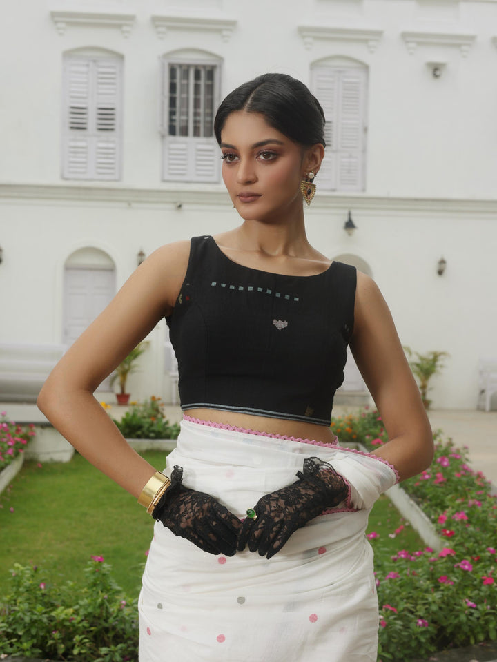 Victorian Black Pearl Bow Cotton Jamdani Blouse