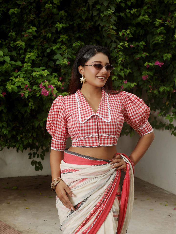 Calcutta Check Red &amp; White Gingham Collar Cotton Blouse