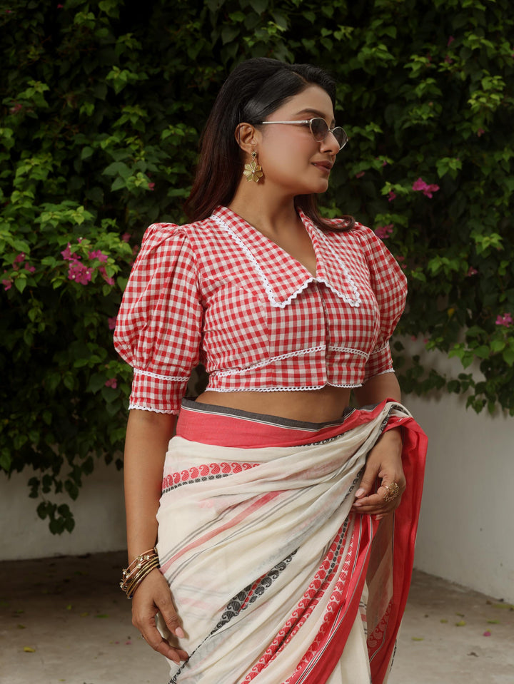 Calcutta Check Red &amp; White Gingham Collar Cotton Blouse