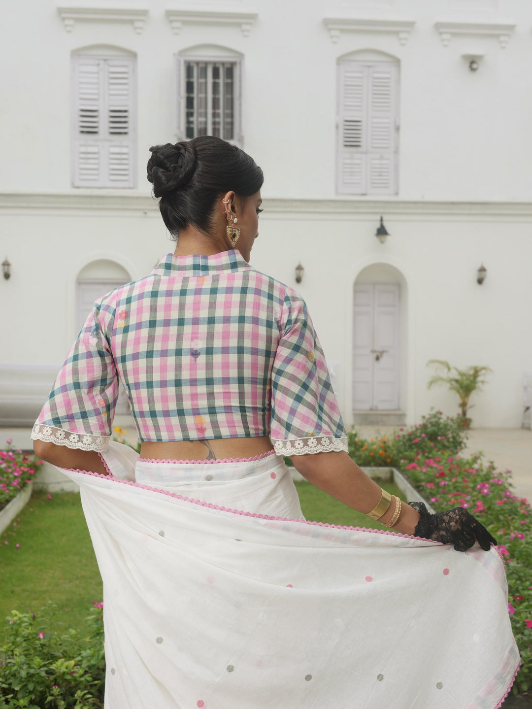 Victorian Strawberry Pastel Knot Cotton Jamdani Blouse