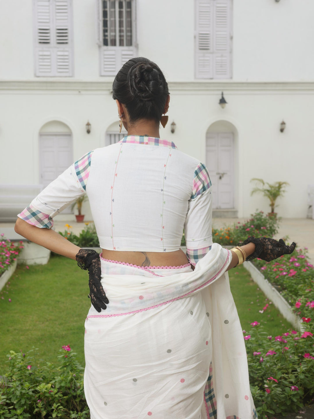 Victoria Scallop-Frill White Cotton Jamdani Blouse