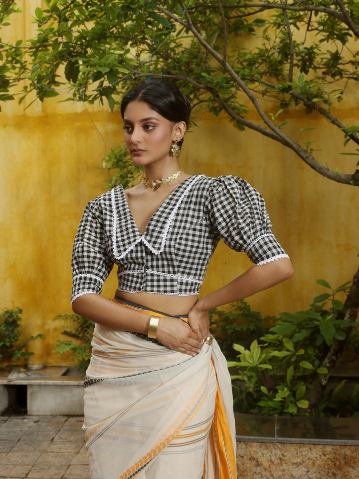 Calcutta Check Black &amp; White Gingham Collar Cotton Blouse