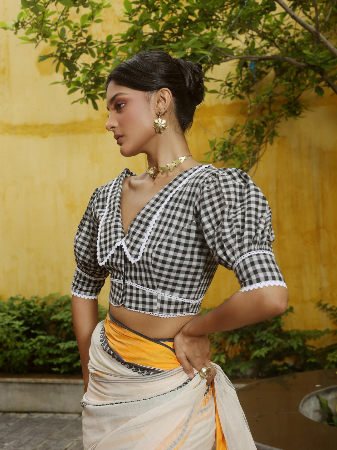Calcutta Check Black &amp; White Gingham Collar Cotton Blouse