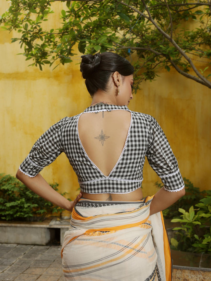 Calcutta Check Black &amp; White Gingham Collar Cotton Blouse