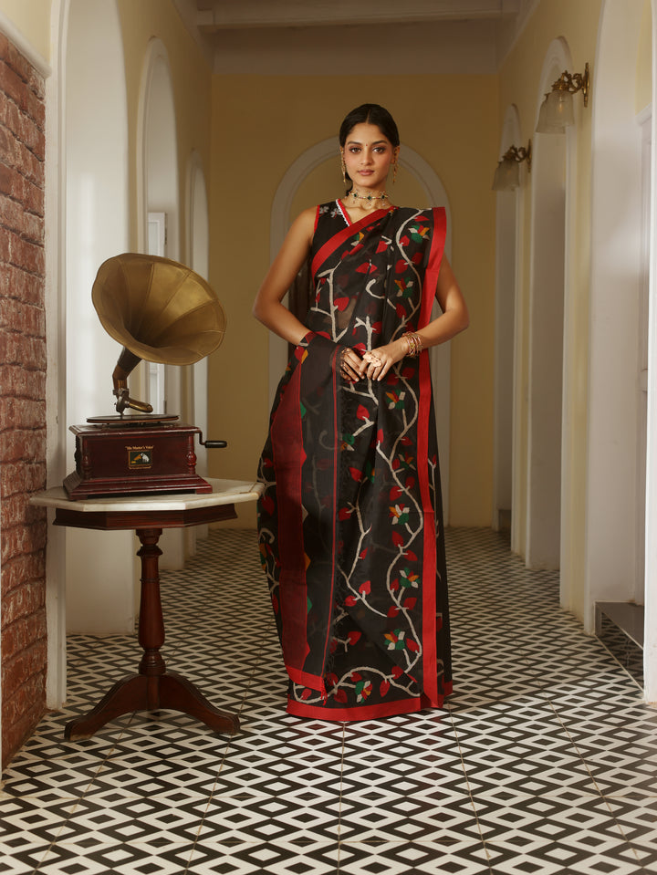 Gramophone Muse Black Handwoven Cotton Jamdani Saree