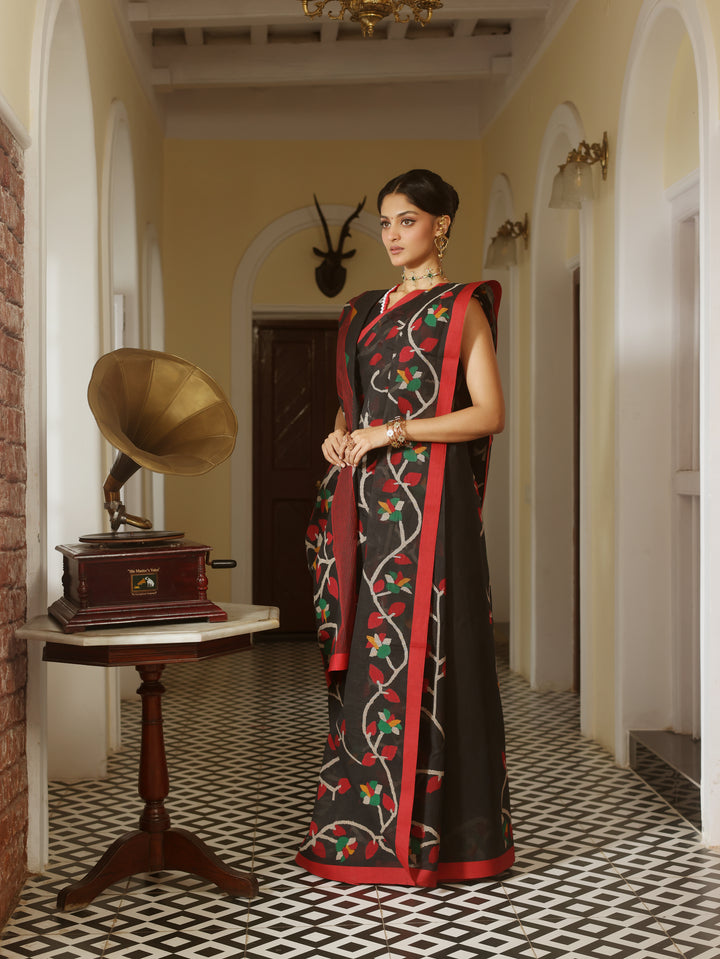 Gramophone Muse Black Handwoven Cotton Jamdani Saree