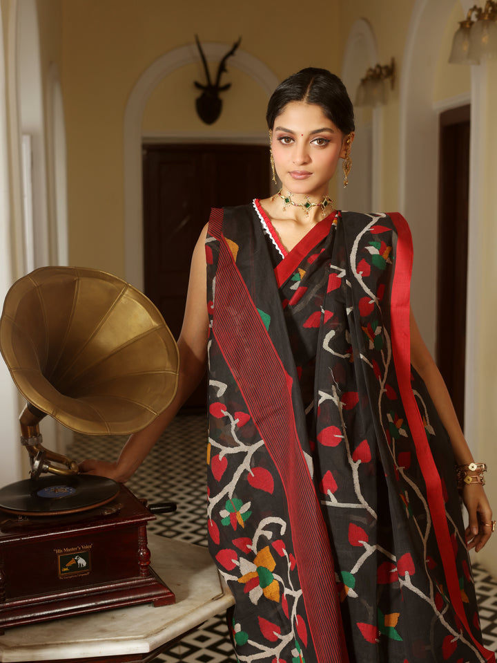Gramophone Muse Black Handwoven Cotton Jamdani Saree