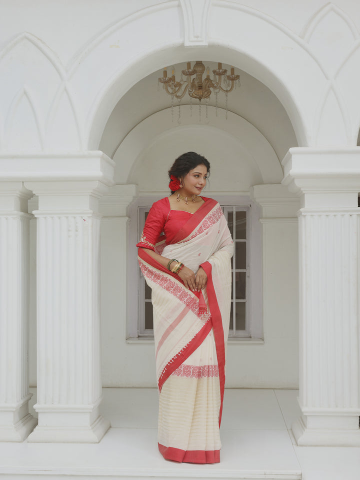 Thakurbari Lal Par Sada Cotton Jamdani Saree with Tussar Mahapar