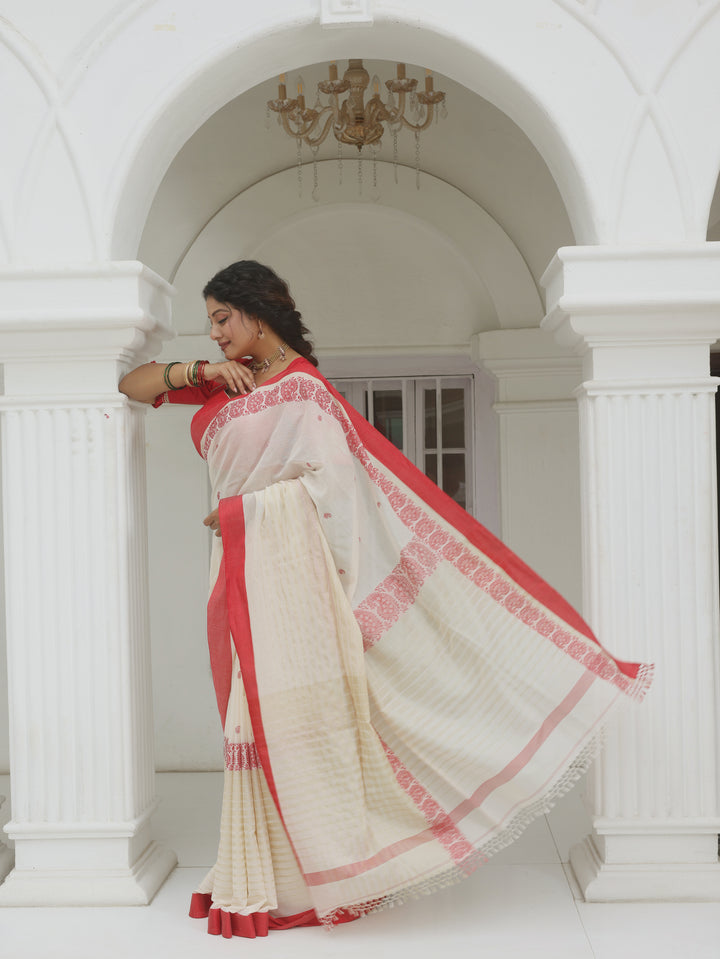Thakurbari Lal Par Sada Cotton Jamdani Saree with Tussar Mahapar