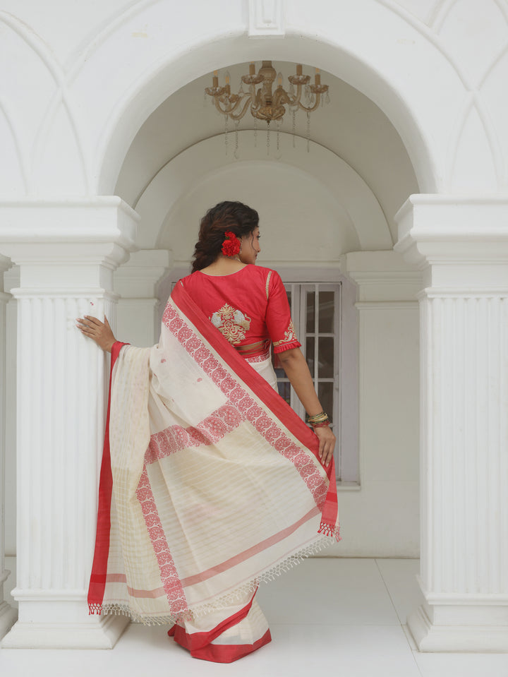 Thakurbari Lal Par Sada Cotton Jamdani Saree with Tussar Mahapar