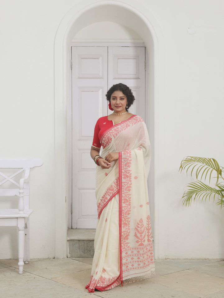 New Empire Classic Lal Par Sada Cotton Jamdani Saree