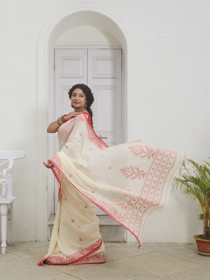 New Empire Classic Lal Par Sada Cotton Jamdani Saree