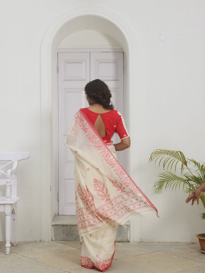 New Empire Classic Lal Par Sada Cotton Jamdani Saree