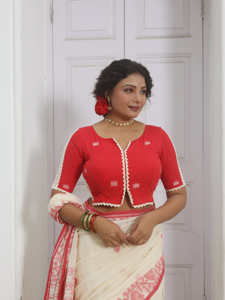 Chowringhee Butterfly Red Cotton Jamdani Blouse