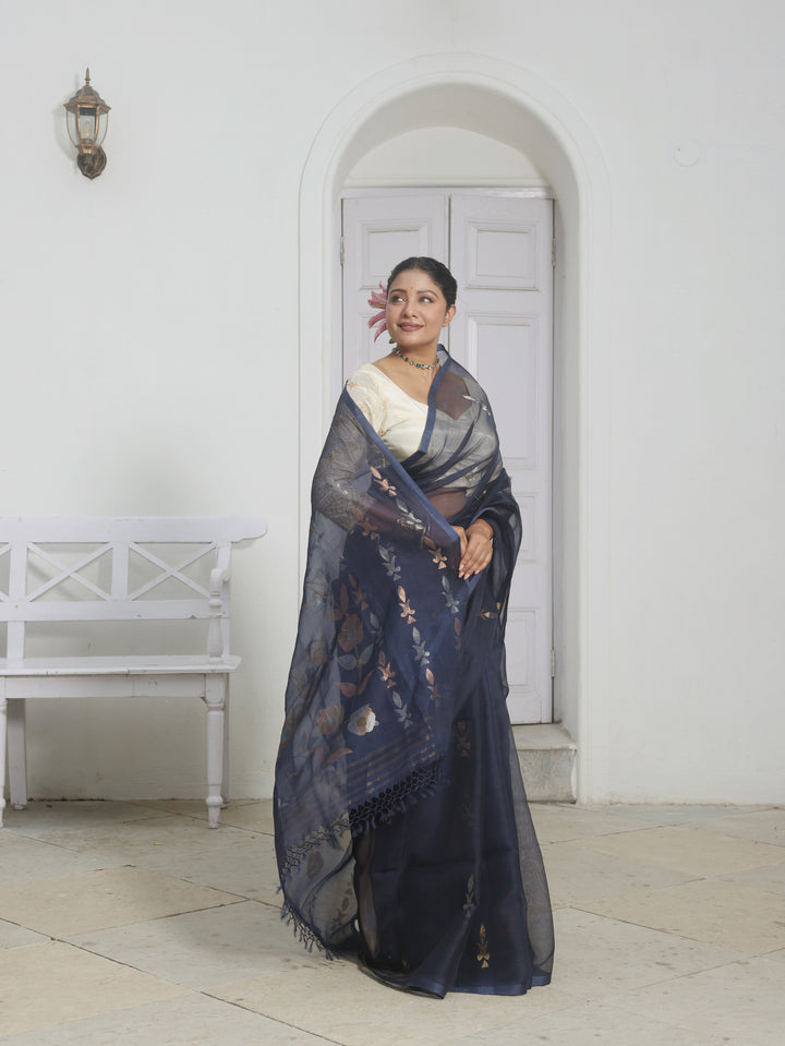 Velvet Blue Jazz Handwoven Muslin Silk Jamdani Saree
