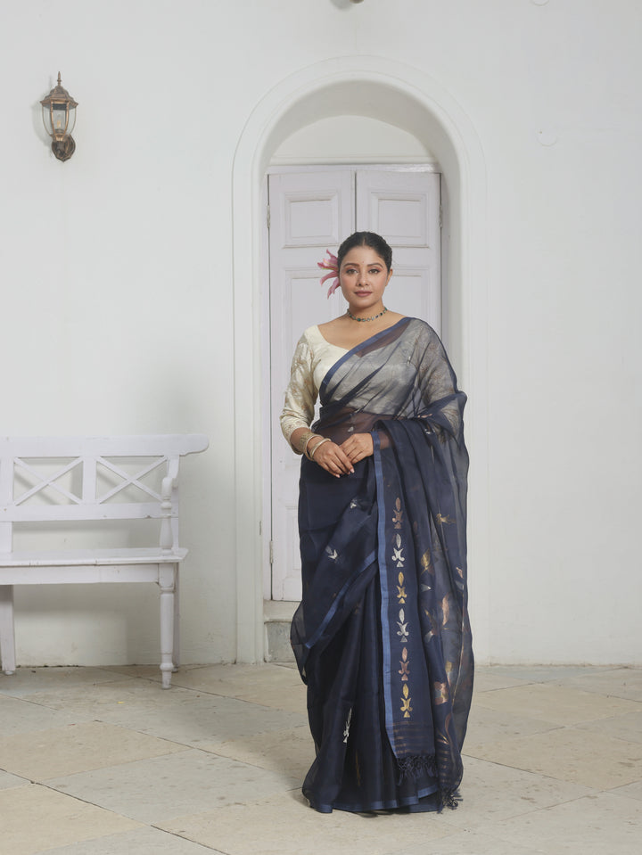 Velvet Blue Jazz Handwoven Muslin Silk Jamdani Saree