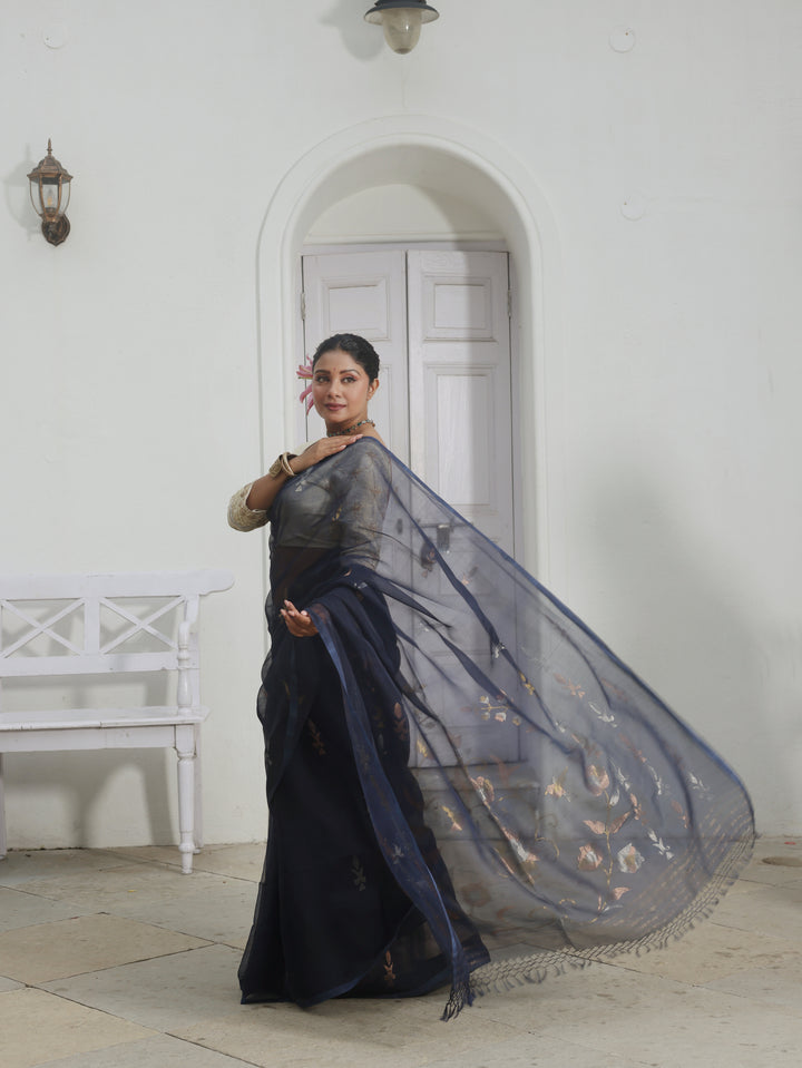 Velvet Blue Jazz Handwoven Muslin Silk Jamdani Saree