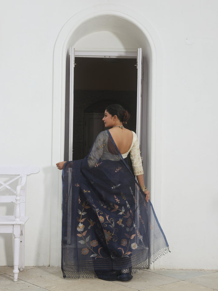 Velvet Blue Jazz Handwoven Muslin Silk Jamdani Saree