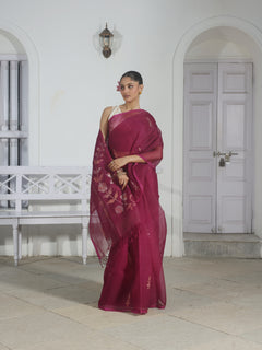 Cabaret Wine Handwoven Muslin Silk Jamdani Saree