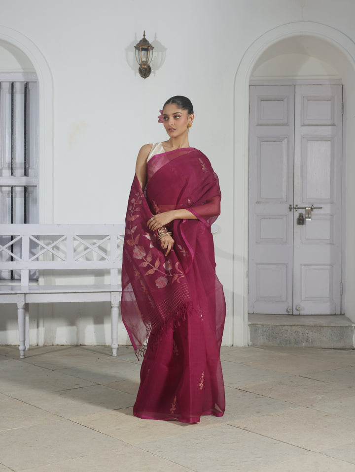 Cabaret Wine Handwoven Muslin Silk Jamdani Saree