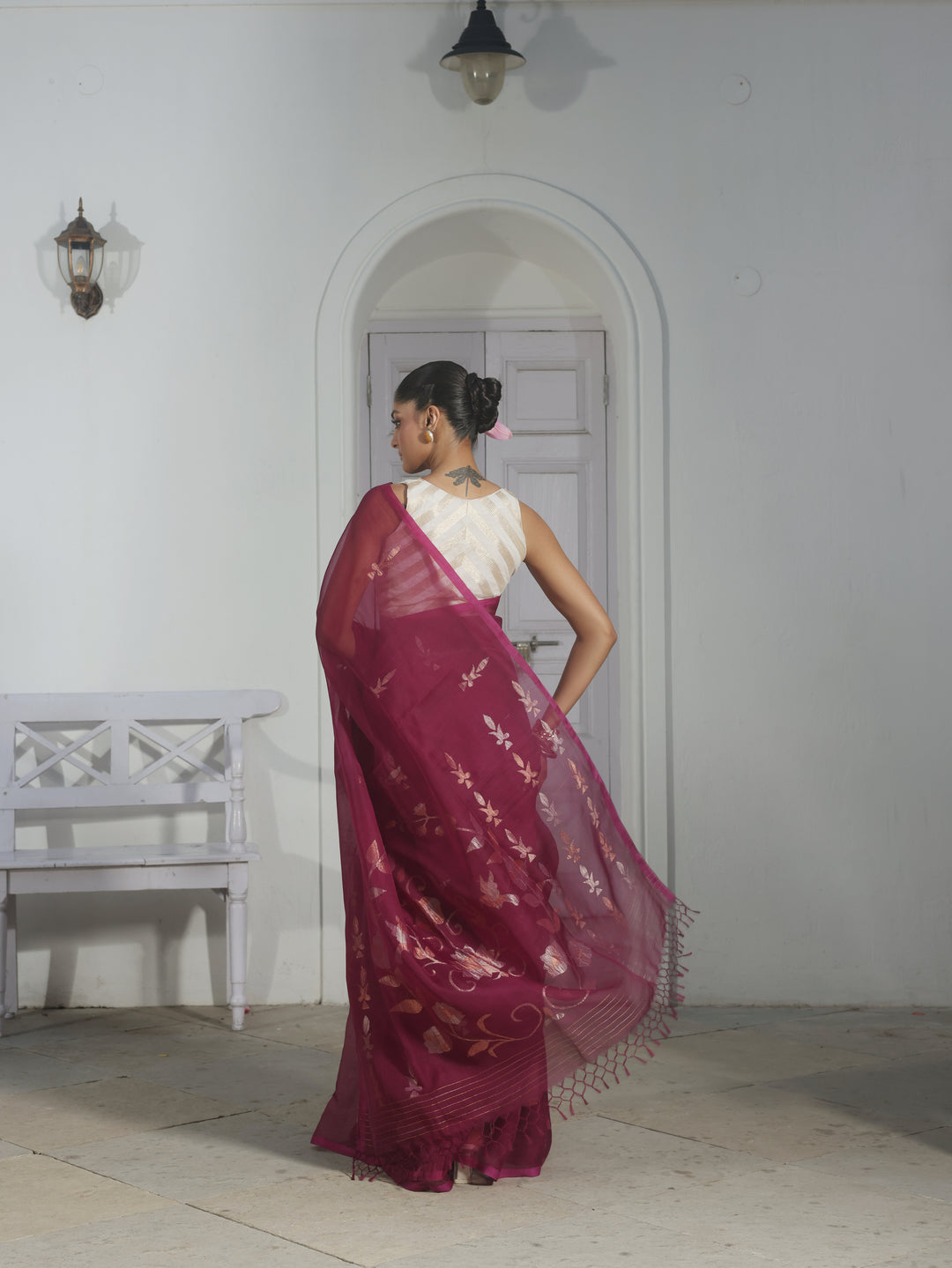 Cabaret Wine Handwoven Muslin Silk Jamdani Saree