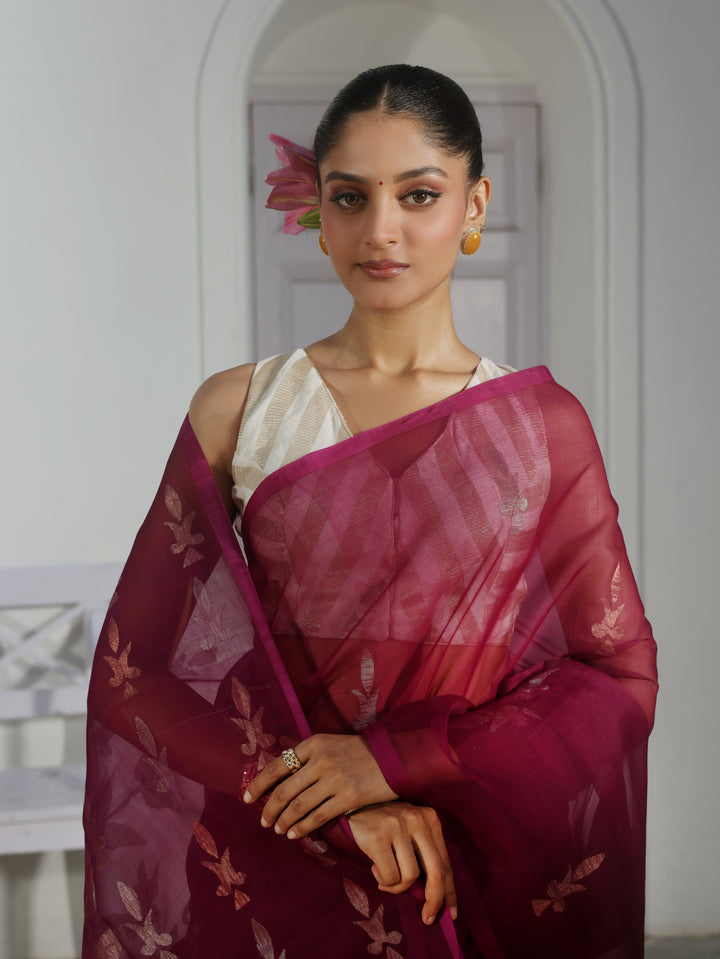 Cabaret Wine Handwoven Muslin Silk Jamdani Saree
