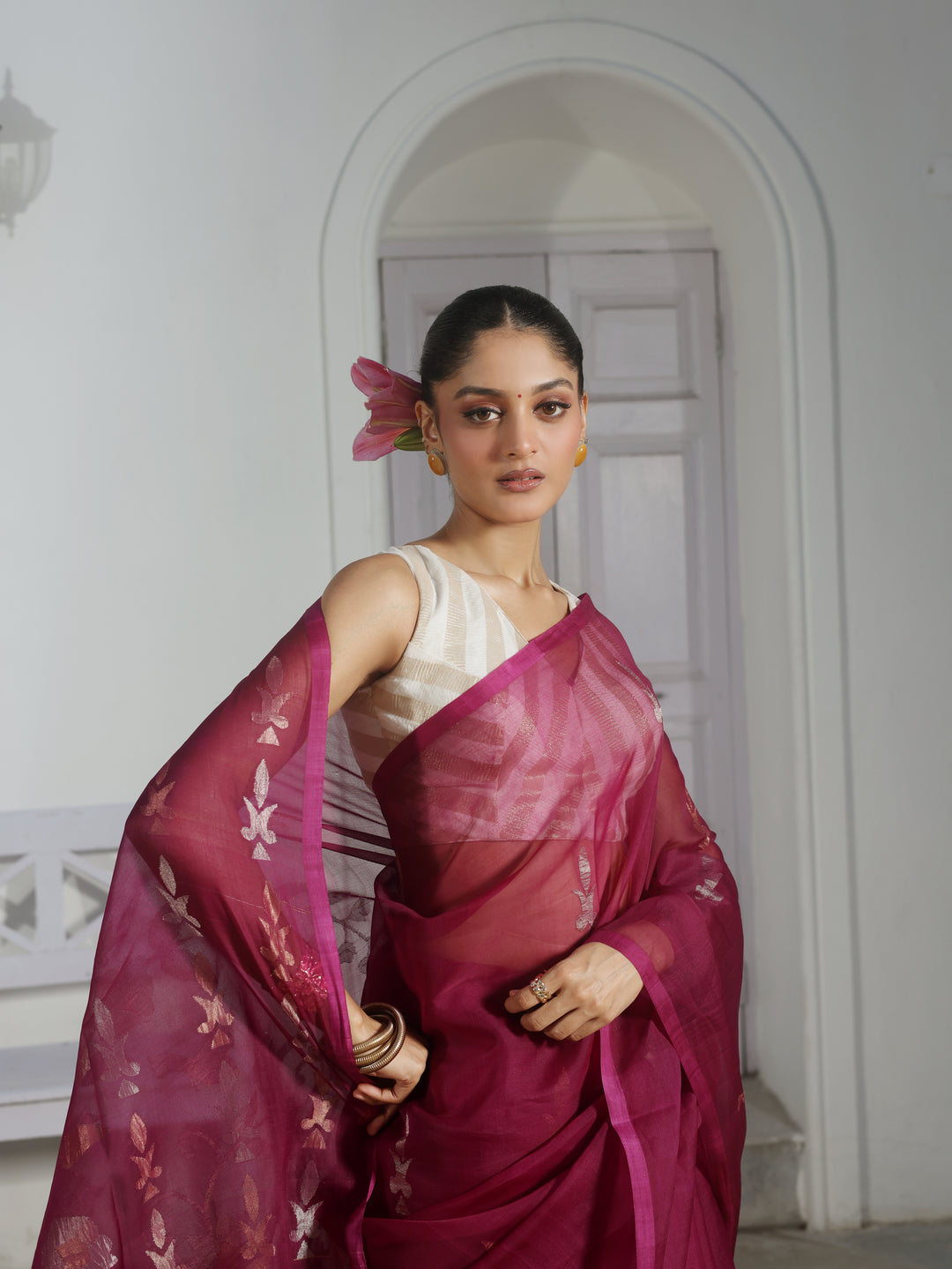 Cabaret Wine Handwoven Muslin Silk Jamdani Saree