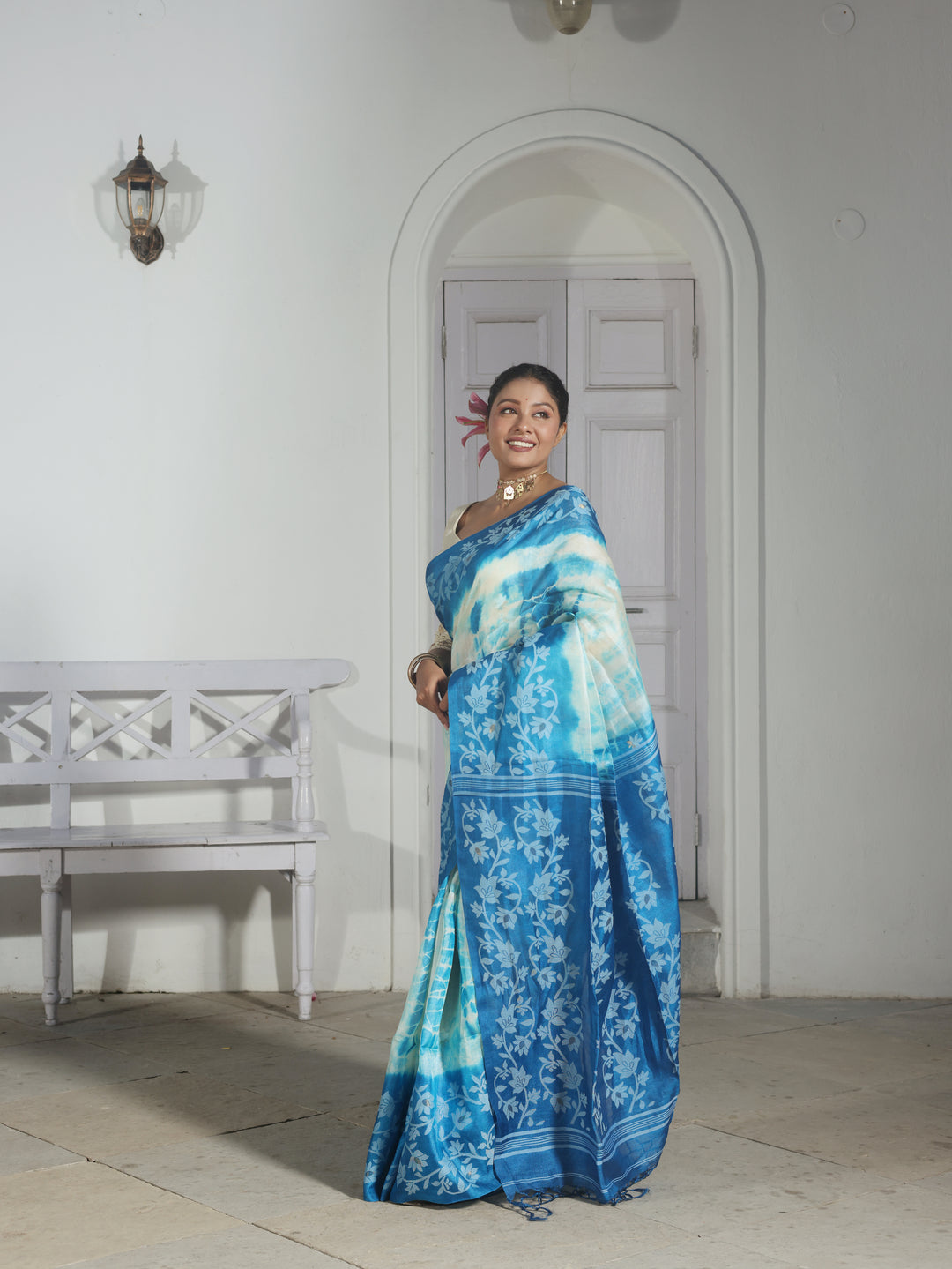 Blue Sapphire Tussar Silk Shibori Jamdani Saree