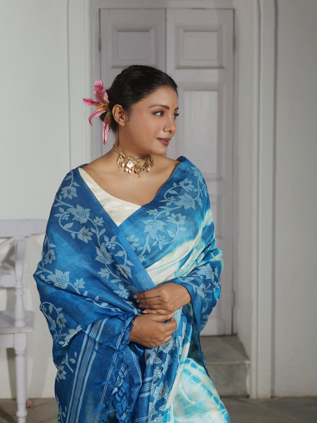 Blue Sapphire Tussar Silk Shibori Jamdani Saree
