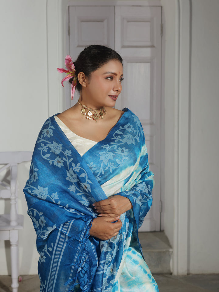 Blue Sapphire Tussar Silk Shibori Jamdani Saree