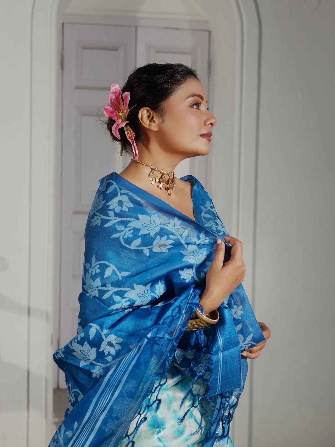 Blue Sapphire Tussar Silk Shibori Jamdani Saree