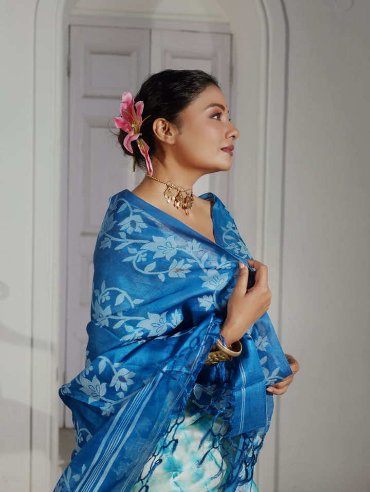 Blue Sapphire Tussar Silk Shibori Jamdani Saree