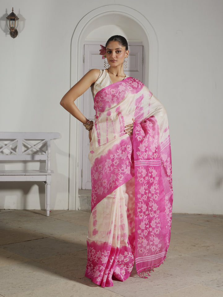 Lily Arcade Pink Tussar Silk Shibori Jamdani Saree