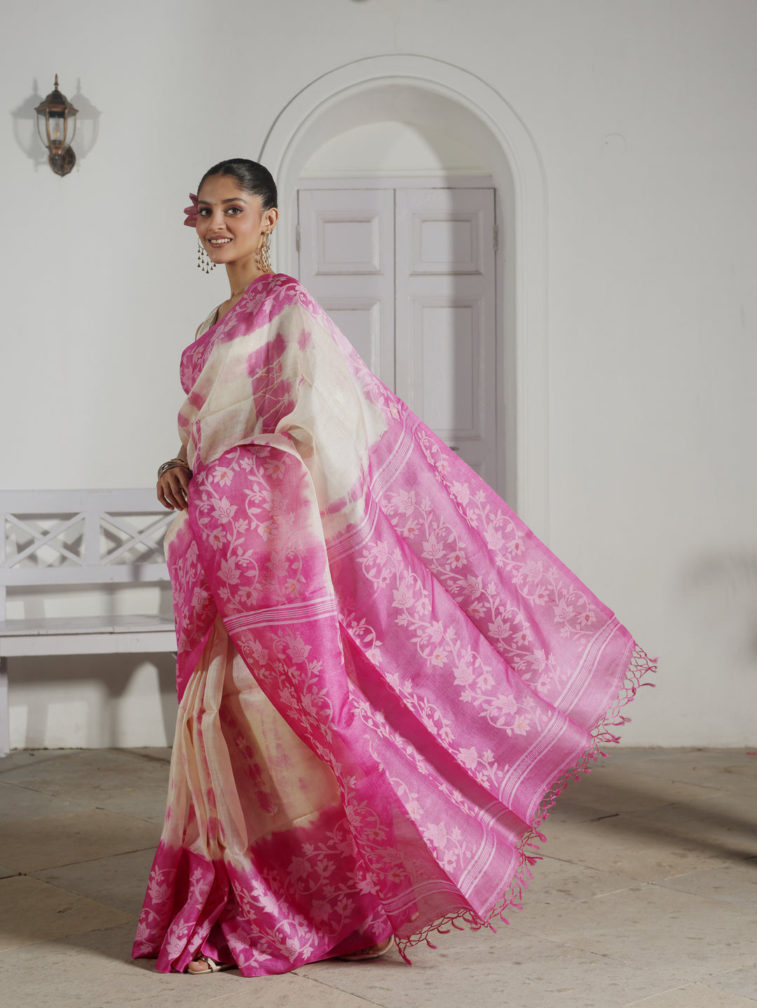 Lily Arcade Pink Tussar Silk Shibori Jamdani Saree