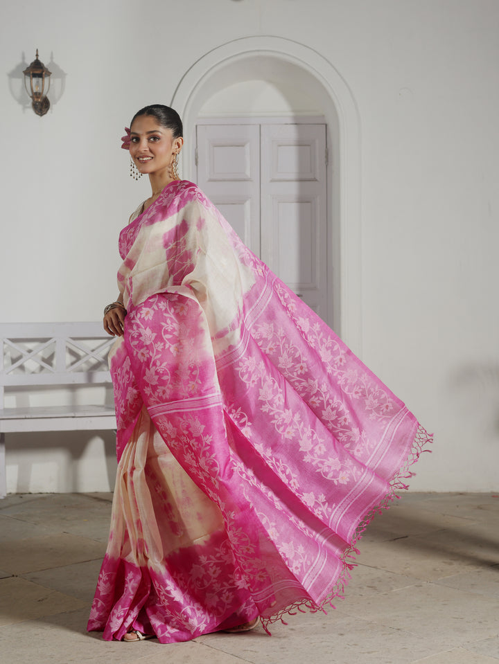Lily Arcade Pink Tussar Silk Shibori Jamdani Saree
