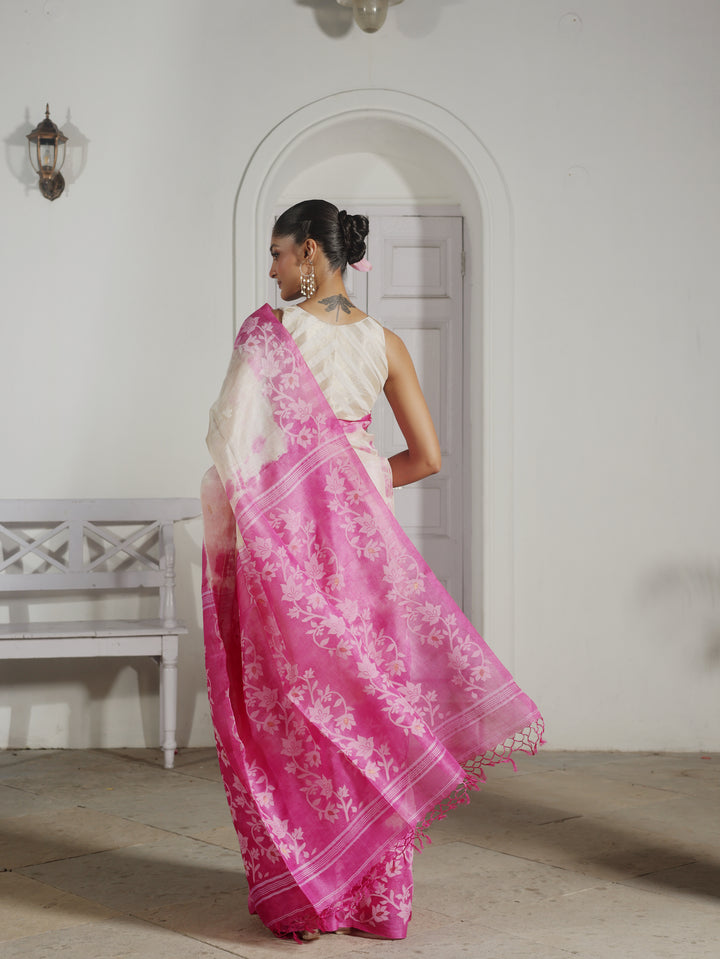 Lily Arcade Pink Tussar Silk Shibori Jamdani Saree