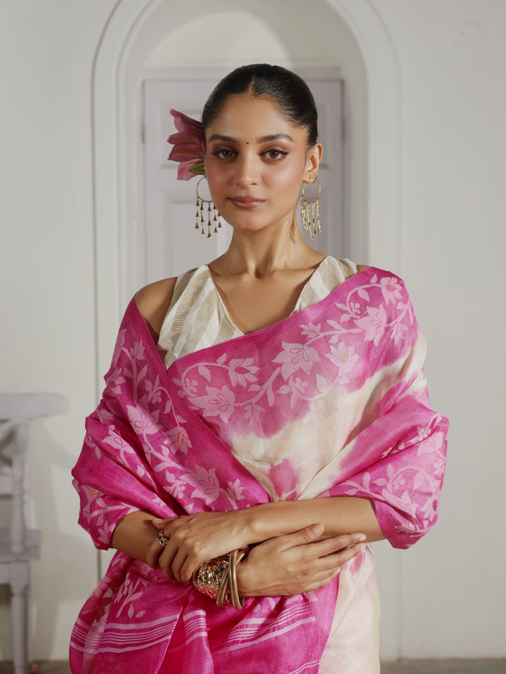 Lily Arcade Pink Tussar Silk Shibori Jamdani Saree
