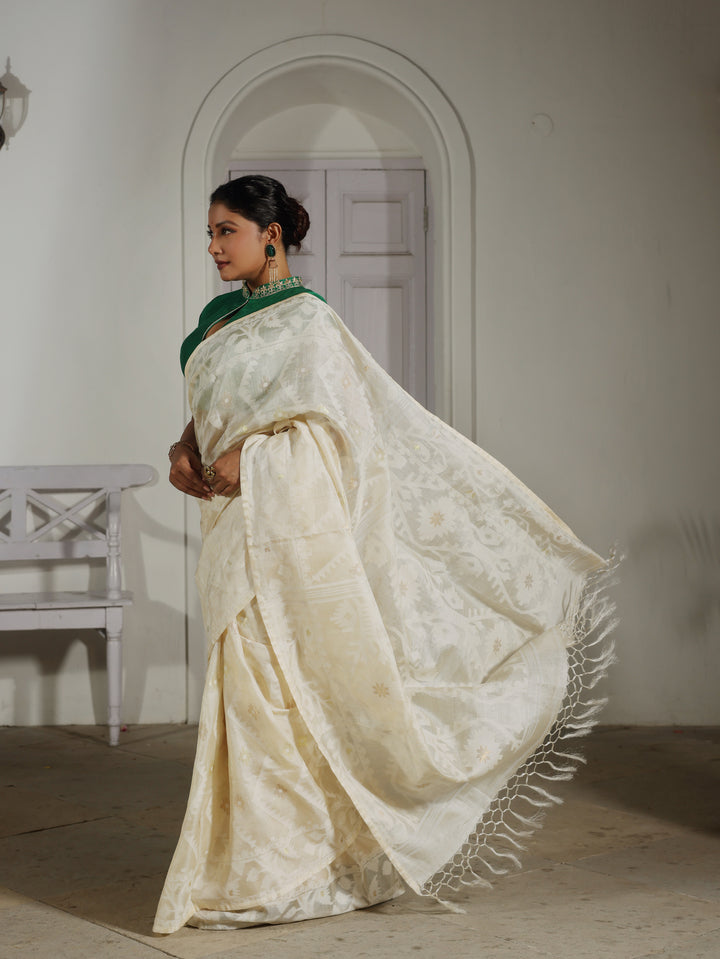 Ivory Jazz White Tussar Silk Jamdani Saree