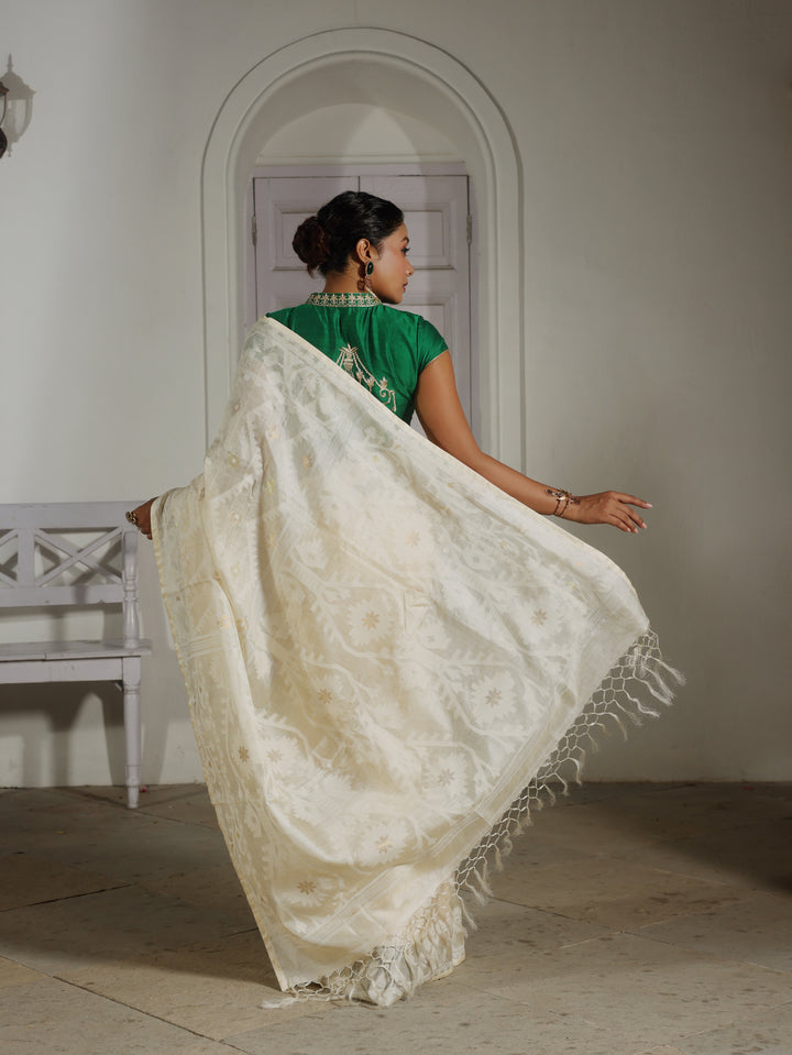Ivory Jazz White Tussar Silk Jamdani Saree