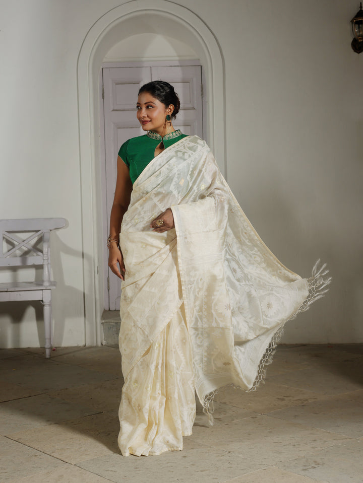 Ivory Jazz White Tussar Silk Jamdani Saree
