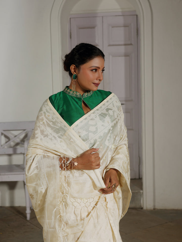 Ivory Jazz White Tussar Silk Jamdani Saree