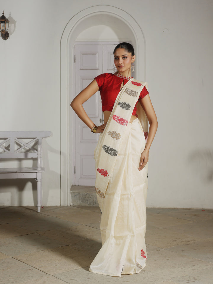 Lotus Arcade White Tussar Silk Jamdani Saree