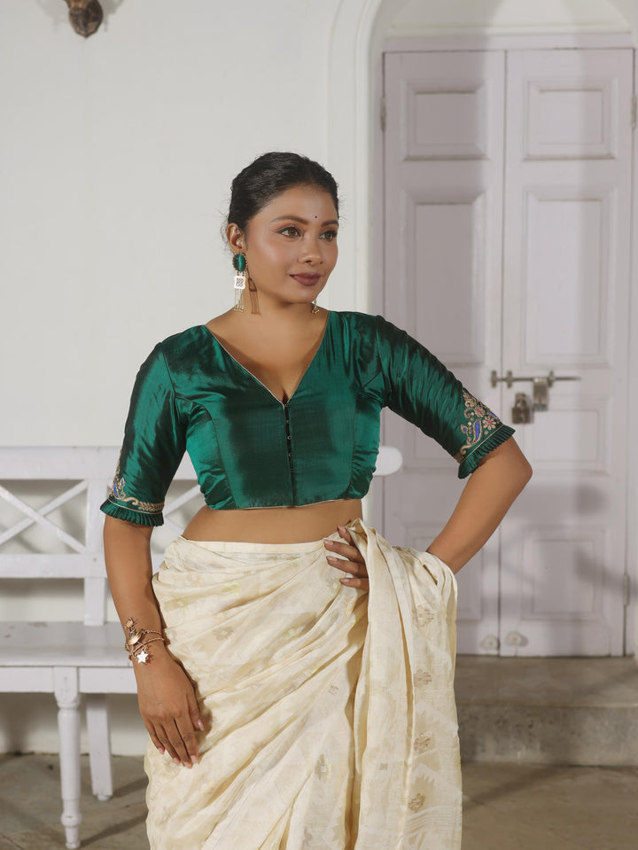 Heritage Emerald Baluchari Kalka Green Silk Blouse